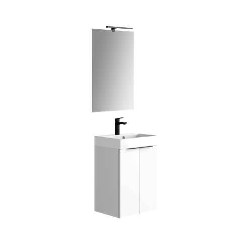 BAIKAL Badezimmermöbel-Set, 45 cm, Wandaufhängung, mit Waschbecken und Spiegel, Melamin 16, Möbel montiert, Waschbecken mit Zwei Türen, Weiß