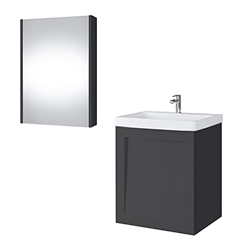 Planetmöbel Waschtischunterschrank Keramikwaschbecken Spiegelschrank Badmöbel Set 50cm matt (Anthrazit matt)