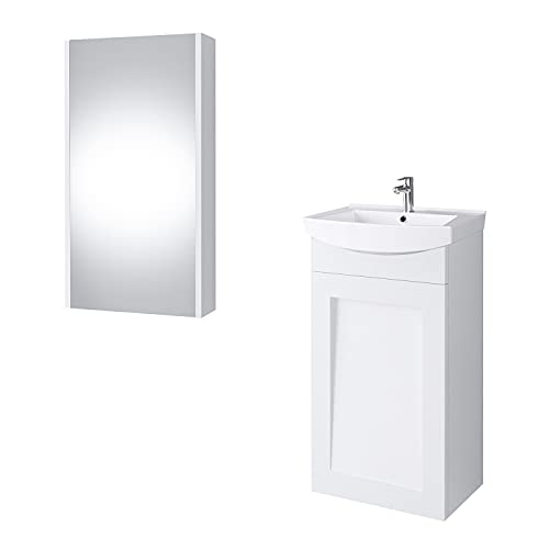 Planetmöbel Waschtischunterschrank Keramikwaschbecken Spiegelschrank Gäste WC Badmöbel Set 45cm matt (Weiß matt)