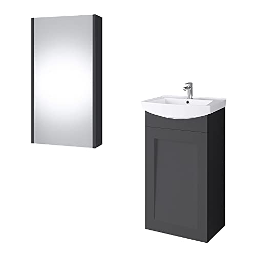 Planetmöbel Waschtischunterschrank Keramikwaschbecken Spiegelschrank Gäste WC Badmöbel Set 45cm matt (Anthrazit matt)