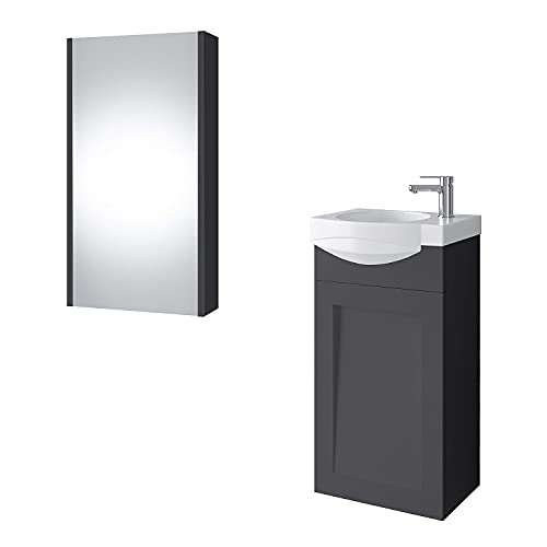 Planetmöbel Waschtischunterschrank Keramikwaschbecken Spiegelschrank Gäste WC Badmöbel Set 40cm matt (Anthrazit matt)
