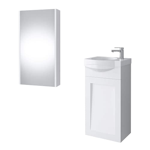 Planetmöbel Waschtischunterschrank Keramikwaschbecken Spiegelschrank Gäste WC Badmöbel Set 40cm matt (Weiß matt)