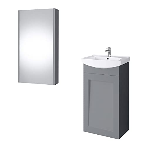 Planetmöbel Waschtischunterschrank Keramikwaschbecken Spiegelschrank Gäste WC Badmöbel Set 45cm matt (Grau matt)