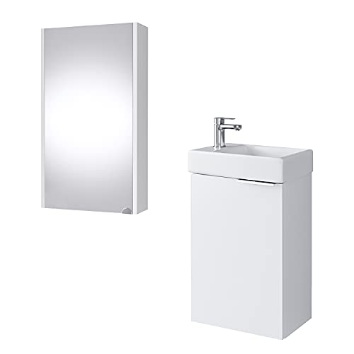 Planetmöbel Waschtischunterschrank mit Spiegelschrank Badmöbel Set 40cm für Badezimmer Gäste WC Weiß
