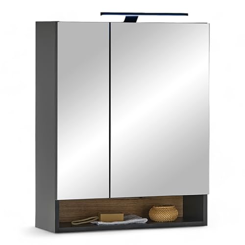 Denver Spiegelschrank Bad mit LED-Beleuchtung in Schwarz/Evoke Eiche Optik FSC-Zertifiziert - Badezimmerspiegel Schrank mit viel Stauraum - 60 x 75 x 22 cm (B/H/T)