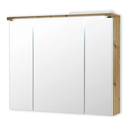 Stella Trading Spiegelschrank Bad mit LED-Beleuchtung in Artisan Eiche Optik, Weiß - Moderner Badezimmerspiegel Schrank mit viel Stauraum - 80 x 69 x 20 cm (B/H/T)