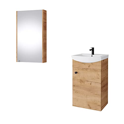 Planetmöbel Badmöbel Set aus Waschtisch + Waschbecken + Spiegelschrank, Gäste Bad WC, Farbe Gold Eiche