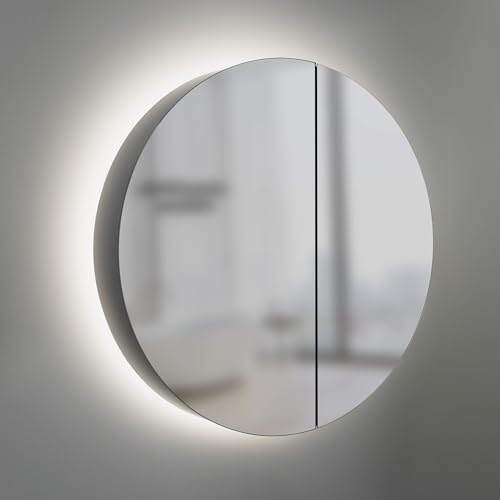 Talos runder Spiegelschrank mit Beleuchtung Ø 60 cm – Badezimmer Spiegelschrank mit hochwertigem Aluminium Korpus – Bad Spiegelschrank mit 2 Glaseinlegeböden und LED Licht