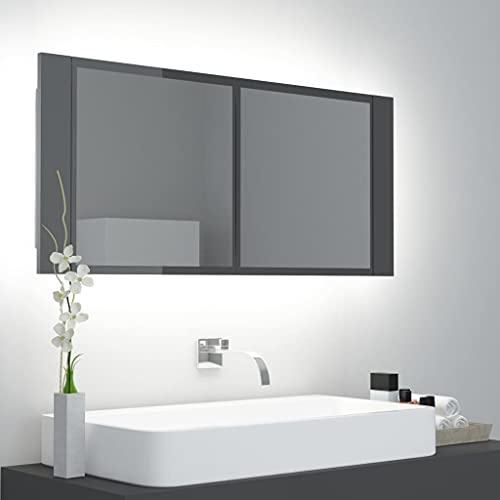 LED beleuchteter Badezimmer Spiegelschrank, Spiegel Badezimmer Wandschrank Aufbewahrungsschrank LED Badezimmer Spiegelschrank Hochglanz Grau 100x12x45 cm