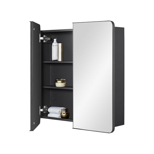 Fundin Badezimmer-Spiegelschrank mit Stauraum - Doppeltüren, Metallrahmen mit runden Ecken, verstellbare Regale, Matt Schwarz, Aufputzmontage - 60 x 65 cm