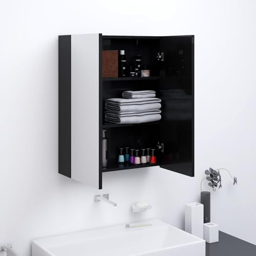 Mengtu Spiegelschrank Badezimmer Schwarz Glänzend MDF Glas 60x15x75cm Regal Model331524