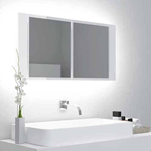 Dioche LED Badezimmer Doppeltür Spiegelschrank Mit RGB-Leuchte 90 x 12 x 45 cm badmöbel Hochglanz-Weiß Wandschrank Spiegel,Softclose Funktion und 2 Ablagen