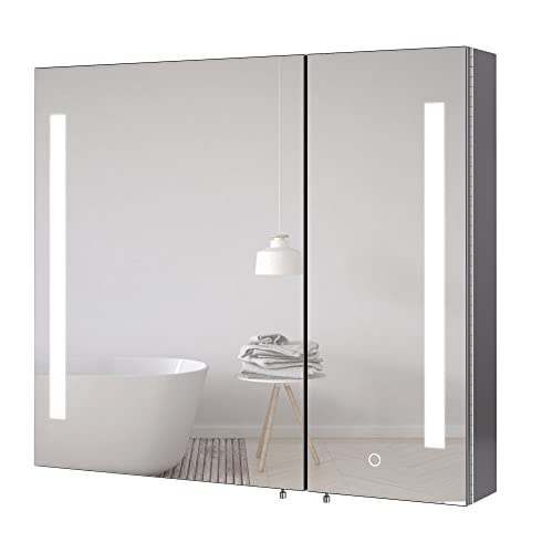 FOREHILL LED Spiegelschrank Bad mit Beleuchtung Edelstahl, Badschrank mit kaltweiß Lichtspiegel, Hängeschrank mit 2 Türen und ablage für Badezimmer