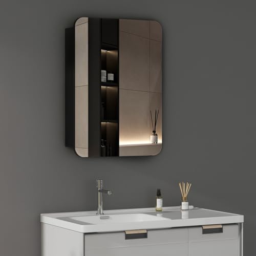 WDWRITTI Spiegelschrank 40x60x12,5cm Badezimmerschrank, Runder Ecken Bad Metall Badschrank Medizinschrank Spiegel Kabinett mit Glasablage, Badezimmer hängeschrank mit Spiegel