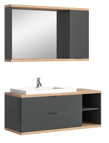 furnling Nuvia Badkombination, Anthrazit und Eichen Holznachbildung, 130 cm Breite, Waschbeckenunterschrank und Spiegelschrank für Badezimmer, Möbelset aus hochwertigem FSC-Holzwerkstoff, Made in EU