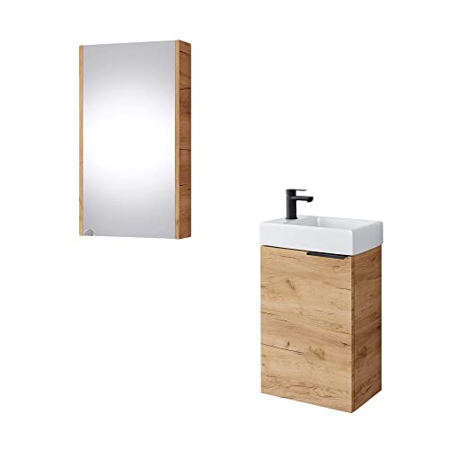 Planetmöbel Waschtischunterschrank mit Spiegelschrank Badmöbel Set 40cm für Badezimmer Gäste WC Gold Eiche
