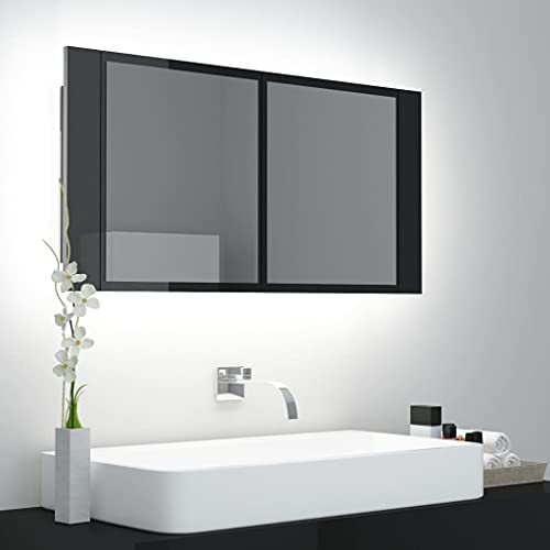 Dioche LED Badezimmer Doppeltür Spiegelschrank Mit RGB-Leuchte 90 x 12 x 45 cm badmöbel Hochglanz-Schwarz Wandschrank Spiegel,Softclose Funktion und 2 Ablagen