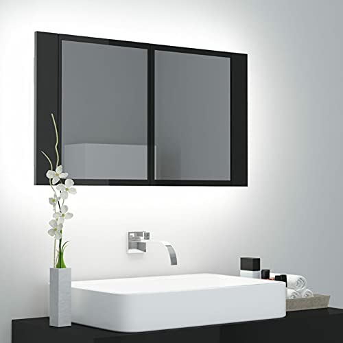 Susany LED Bad Spiegelschrank, Badezimmer Spiegelschrank, Spiegelschränke für Bad, Badezimmerschrank Badschrank Wandschrank Badmöbel, mit 2 Regalböden,Hochglanz-Schwarz 80x12x45 cm Acryl