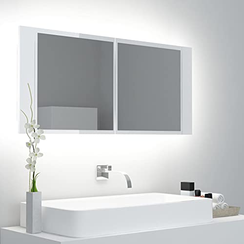 Voupuoda LED-Bad-Spiegelschrank, Hängeschrank, Aufbewahrungsschrank, Badschrank mit Spiegel, Wandspiegel, Hochglanz-Weiß 100x12x45 cm