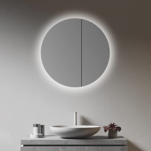 Talos Spiegelschrank Bad mit Beleuchtung rund Ø 60 cm - Badezimmer Spiegelschrank mit hochwertigem Aluminium Korpus - Bad Spiegelschrank mit Zwei Glaseinlegeböden