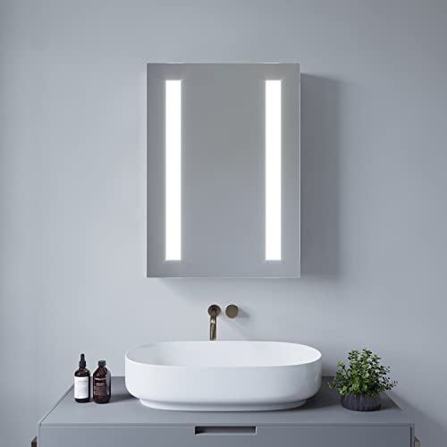 Badezimmer Spiegelschrank 50 x 70 cm mit LED Beleuchtung Aluminium Badschrank eintürig drehbar innen verspiegelt IR-Sensor dimmbar antibeschlag Kaltweiß Licht 6400 Kelvin