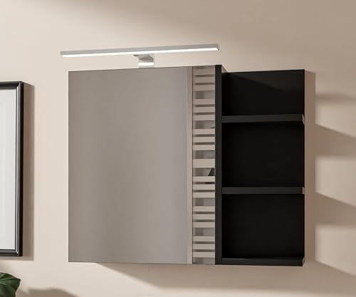 HAJDUK FURNITURE Schwarz Badezimmerschrank mit LED Beleuchtung, B:60 x H:50 cm Spiegelschrank Bad 1 Tür Hängeschrank Badezimmer Griffloser Öffnung Aufsatzleuchte mit Schwarz Gehäuse Ablagen Rechts