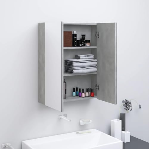 Qnhdfrt Badezimmer Spiegelschrank 60x15x75 cm Betongrau aus MDF und Glas mit 3 Fächern und 2 Türen Modernes Design Robust und Langlebig für Badezimmer Gäste WC und Flur