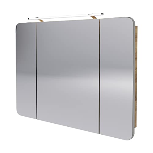 FACKELMANN Milano Spiegelschrank mit LED-Beleuchtung – Alibertschrank 3-türig fürs Badezimmer (110 cm x 78 cm x 15,5 cm) – Badschrank mit Spiegelfläche in Holz braun