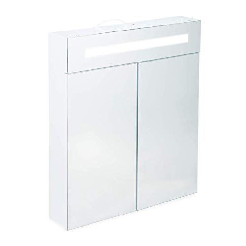 Relaxdays, weiß Spiegelschrank, 2 Türen, 3 Fächer, Steckdose, LED-Wandschrank, Stahl, H x B x T: 67 x 60 x 12 cm