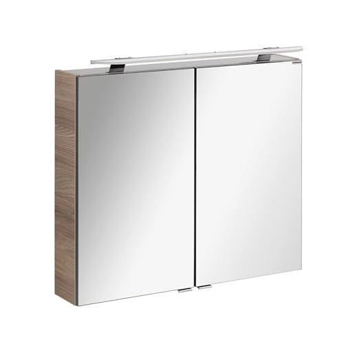 FACKELMANN LED Spiegelschrank Luxor/Badschrank mit Soft-Close-System/Maße (B x H x T): ca. 80 x 68 x 16 cm/Schrank fürs Bad mit Spiegel und LED-Aufsatzleuchte / 2 Türen/Korpus: Braun hell