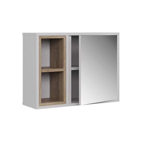 Vicco Spiegelschrank Elnor, Weiß/Eiche, 60 x 45 cm mit 2 offenen Fächern & 1 Tür, zur Aufbewahrung von Badtextilien und kombinierbar mit Elnor