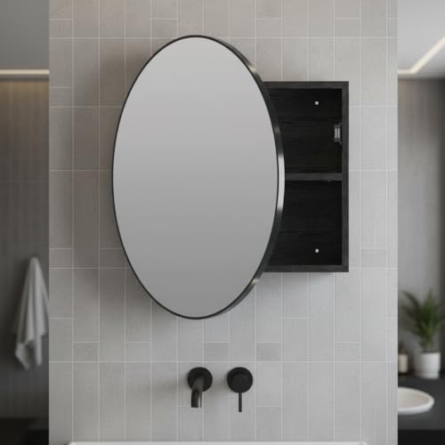 Mepplzian Spiegelschrank Rund Schwarz, 60 cm Runder Spiegelschrank für Bad, Wandmontierter Hochglanz-Schrank mit HD-Spiegel, Holzschrank mit Trennebene & 2 Ablagefächern, Rundes Design