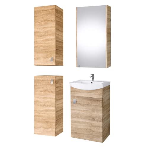Planetmöbel Badset komplett aus Unterschrank 45cm mit Waschbecken, Spiegelschrank und 2X Midischrank in Sonoma Eiche, Komplettset für Badezimmer 5-teilig