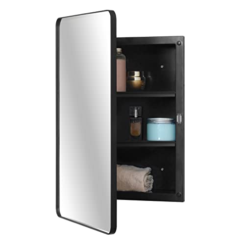 Fundin Kunststoff-Spiegelschrank, Spiegeltür mit abgeschrägten Kanten und Metallrahmen mit runden Ecken, Einbau- und Oberflächenmontage, Schwarz, 40 x 61cm