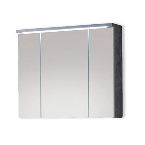 Stella Trading Spiegelschrank Bad mit LED-Beleuchtung in Beton-Optik, Weiß - Moderner Badezimmerspiegel Schrank mit viel Stauraum - 80 x 69 x 20 cm (B/H/T)