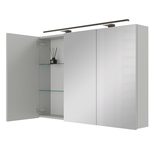Planetmöbel ARIA Spiegelschrank Bad mit Beleuchtung 120 cm breit | Badschrank hängend mit Spiegel | Weiß Grau, mit Leuchte und Steckdose, Spiegelschrank Gäste WC 120 x 70 x 16 cm