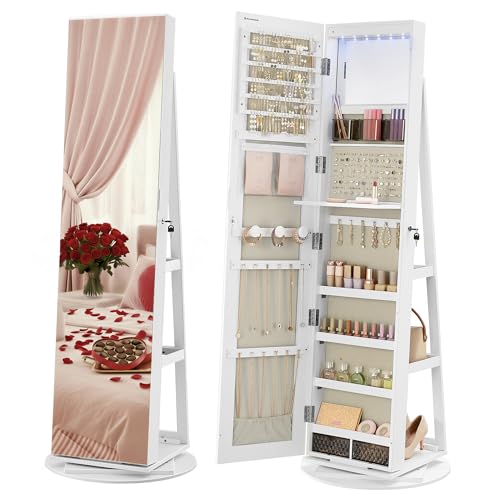 SONGMICS Schmuckschrank, Spiegelschrank, mit rahmenlosem Ganzkörperspiegel, 3 Ablagen, 360° drehbar, abschließbar, Oberfläche in Weiß, Innenfutter in Greige JJC007W02