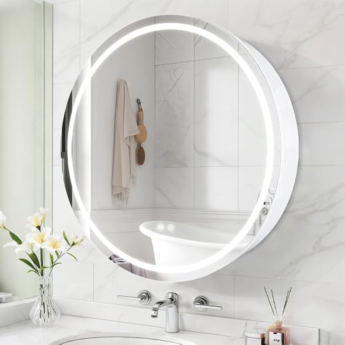 Janboe Rund Spiegelschrank Bad mit Beleuchtung, Spiegelschrank Rund,dimmbar, beschlagfrei, 3000 K-6500 K Farbtemperatur,Entfroster,81cm,Weiß