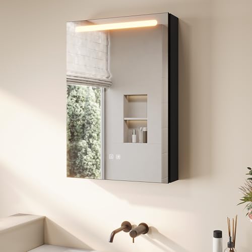 SONNI Spiegelschrank Bad mit Beleuchtung und Make-up Ablage, LED Spiegelschrank mit Steckdose, Touch-Schalter & 3 Lichtfarben, Dimmbar, Beschlagfrei 70x48.5 cm Mattschwarz, Vollständig Montiert
