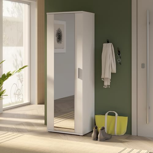 Forte NET106 weißer Schuhschrank 50, schmaler Flurschrank mit 6 Einlegeböden und Spiegelfront, Flur, Diele, Holzwerkstoff, Weiß, 50,2 cm breit x 179,1 cm hoch x 34,8 cm tief