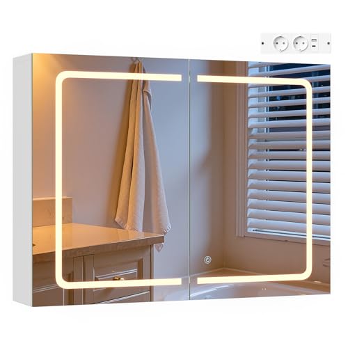 EUGAD Spiegelschrank mit 2 Spiegeltüren, für kleine Wohnungen, 3 einstellbare Farbtemperaturen, mit verstellbaren Einlegeböden und Steckdosen, modern, Weiß, 80 x 60 x 14,5 cm