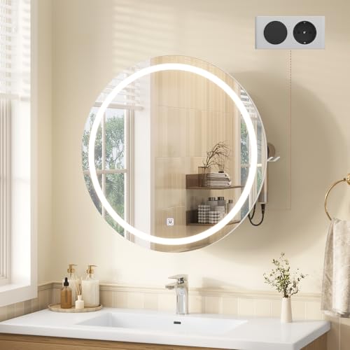 KIMENICH Runder Spiegelschrank Bad mit LED Beleuchtung, Badspiegel Schrank mit Steckdose und Fönhalter, Runder Badezimmerspiegel Schrank Wandmontage