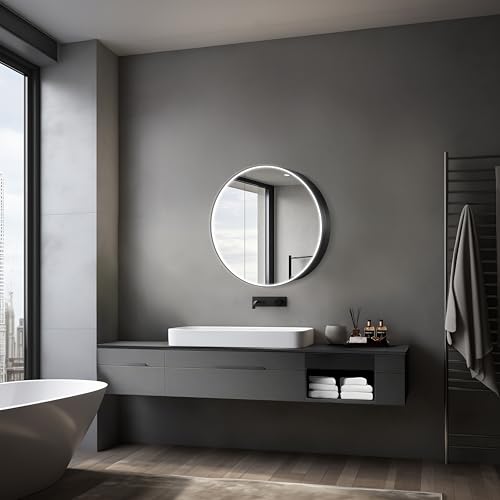 Talos Spiegelschrank mit austauschbarer Beleuchtung Black Nova Ø60 cm schwarz - Spiegelschrank Bad mit 2 Ablageflächen - Aluminium - Rückwand verspiegelt