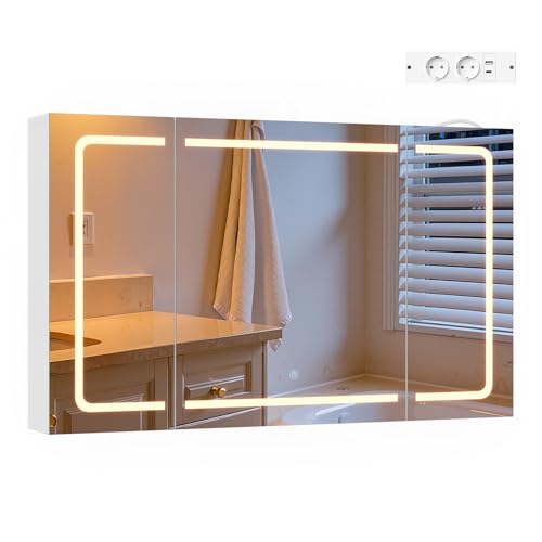 EUGAD Spiegelschrank für kleine Wohnungen Badzimmer, mit 3 Spiegeltüren, 3 einstellbare Farbtemperaturen, mit verstellbaren Einlegeböden und Steckdosen, Weiß, 100 x 60 x 14,5 cm