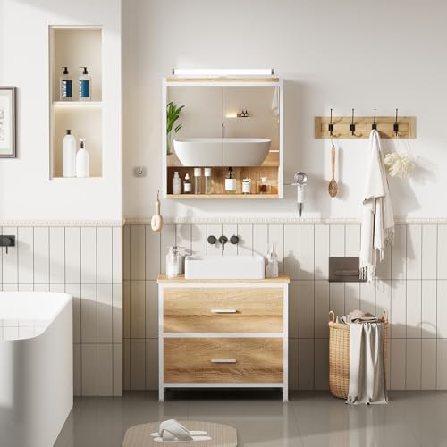 ELUCHANG Badmöbel Set 2,Waschbeckenunterschrank und Spiegelschrank Bad mit Beleuchtung,Badezimmer Set 60cm,Badezimmermöbel Komplett,Unterschrank Waschbecken mit 2 Schubladen,MDF+Metall,Oak+Weiß