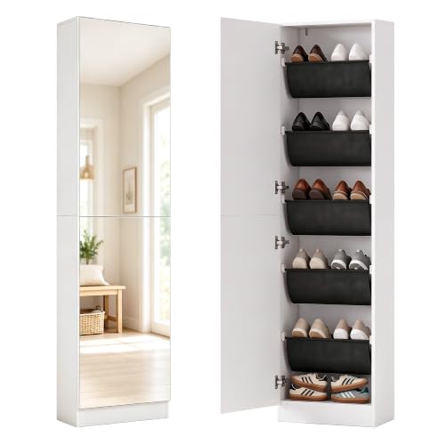 HOMCOM Schuhschrank mit Ganzkörperspiegel 12 Paar 50 x 20 x 180 cm Weiß