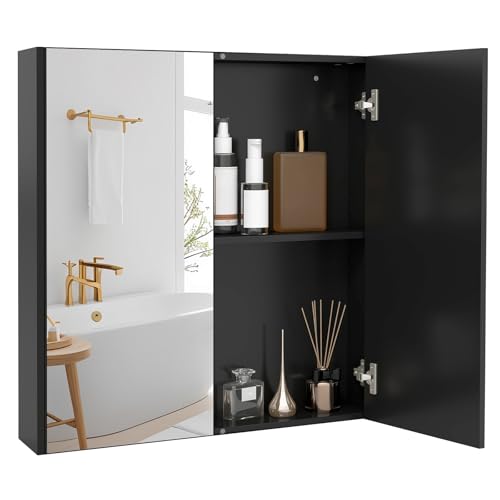 LIFEZEAL Badezimmerschrank mit Spiegel, Spiegelschrank Bad mit 2 Spielgeltüren & 2 verstellbaren Regalen, Wandschrank Badschrank für Badezimmer, Flur, 62 x 11,5 x 65 cm (Schwarz)