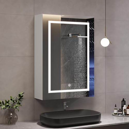 LED-Badezimmerspiegel mit Stauraum, 50 x 70 cm, beleuchteter Spiegelschrank mit 1 Tür und 2 verstellbaren Regalen, Anti-Beschlag-Touch, dimmbar, warmes, neutralweißes Licht