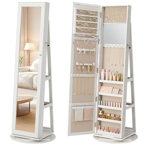 SONGMICS Schmuckschrank, Spiegelschrank, mit Ganzkörperspiegel, um 360° drehbar, Schmuckaufbewahrung, abschließbar, mit Schlüsseln, Schlafzimmer, Geschenkidee, Holzoptik in Grau, weiß JJC062W101