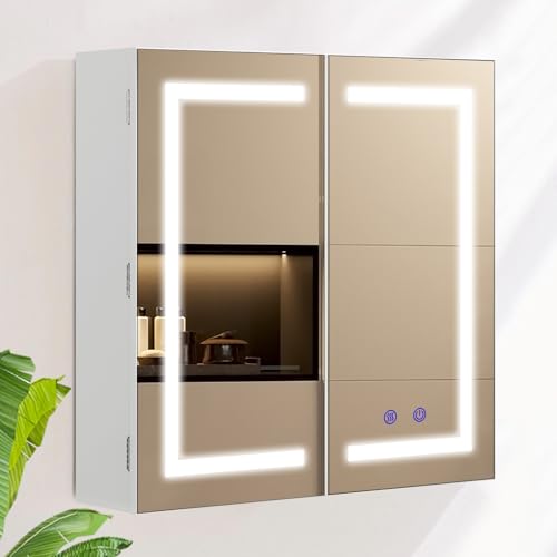AxisFurn Badezimmer-Spiegelschrank mit LED-Beleuchtung, 3 verstellbares Licht, mit verstellbarem Regal und Steckdose, Doppeltür Anti-Beschlag Wandschrank mit Innenbeleuchtung 60 * 60cm Weiß